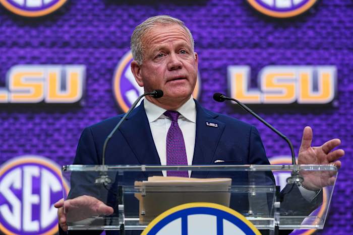 Jul 18, 2022; Atlanta, GA, USA; LSU Tigers head coach Brian Kelly speaks to the media during SEC Media Days at the College Football Hall of Fame. Mandatory Credit: Dale Zanine-USA TODAY Sports